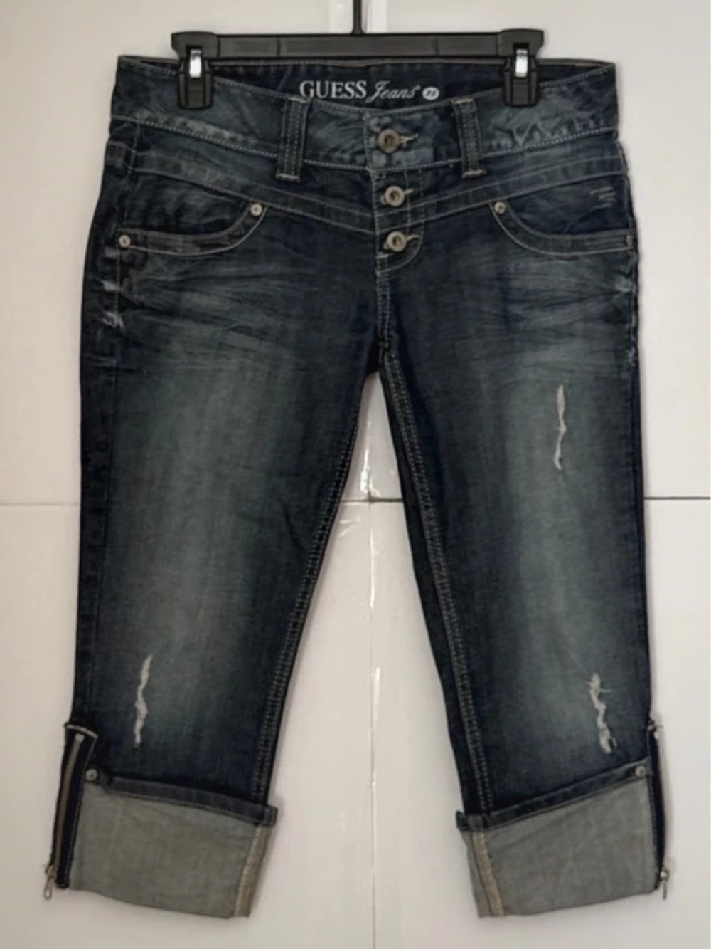 GUESS Jeans Women's Dark Wash Cropped Distressed Jeans Size 28